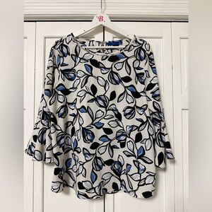 Apt. 9 Floral Leaf Print Bell Sleeve Blouse Large Office Career Modest